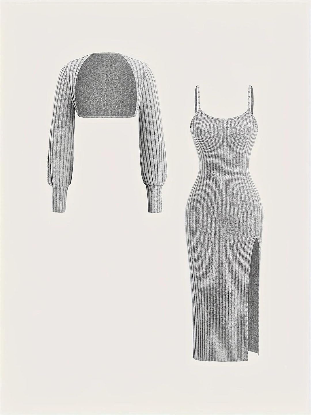 Women's Ribbed Knit Two Piece Crop Top Spaghetti Strap Midi Dress