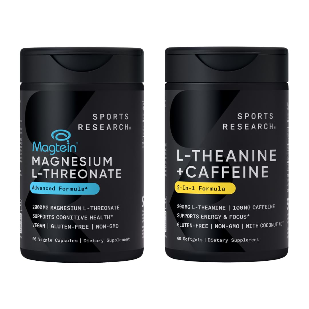 Sports Research® - Magtein Magnesium L-Threonate Capsules 2000mg + L-Theanine Supplement with Caffeine & Coconut MCT Oil