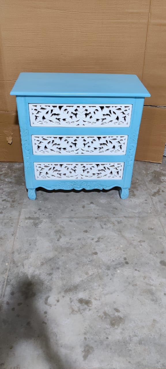 Nazar Art & Craft Handcarved Chest of Drawer | Bedside Table | 3 Drawers Storage Dresser for Livingroom, Kitchen | (76W*41D*76H CM) (SkyBlue& White)-image-40