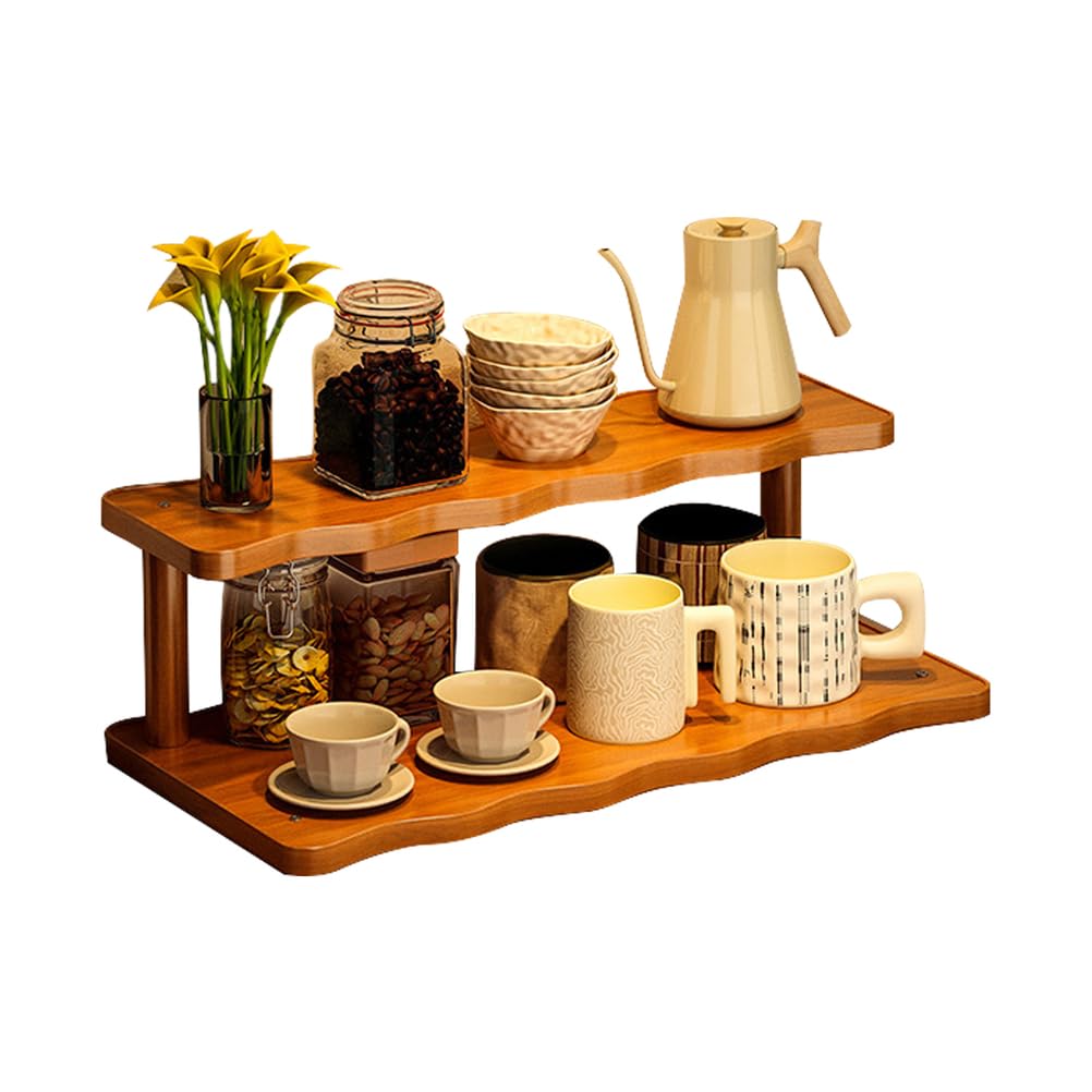 UCK-KIT Wooden Mug Holder Countertop, Coffee Station Organizer, Counter Shelf for Tea Coffee Bar Accessories, Matcha Stand, Cup Display, Kitchen Condiment Storage Rack,2Tier,19.69IN