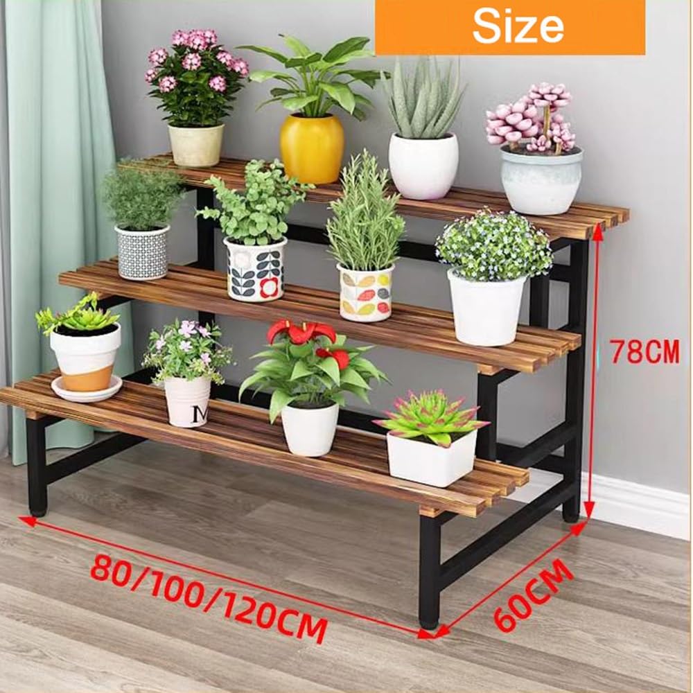 Drewniany 3-poziomowy uchwyt na doniczki z metalowym stojakiem, organizer na rośliny, do ogrodu, werandy, patio, balkonu, ekspozycji, wiele roślin z białą ramą, 80 cm