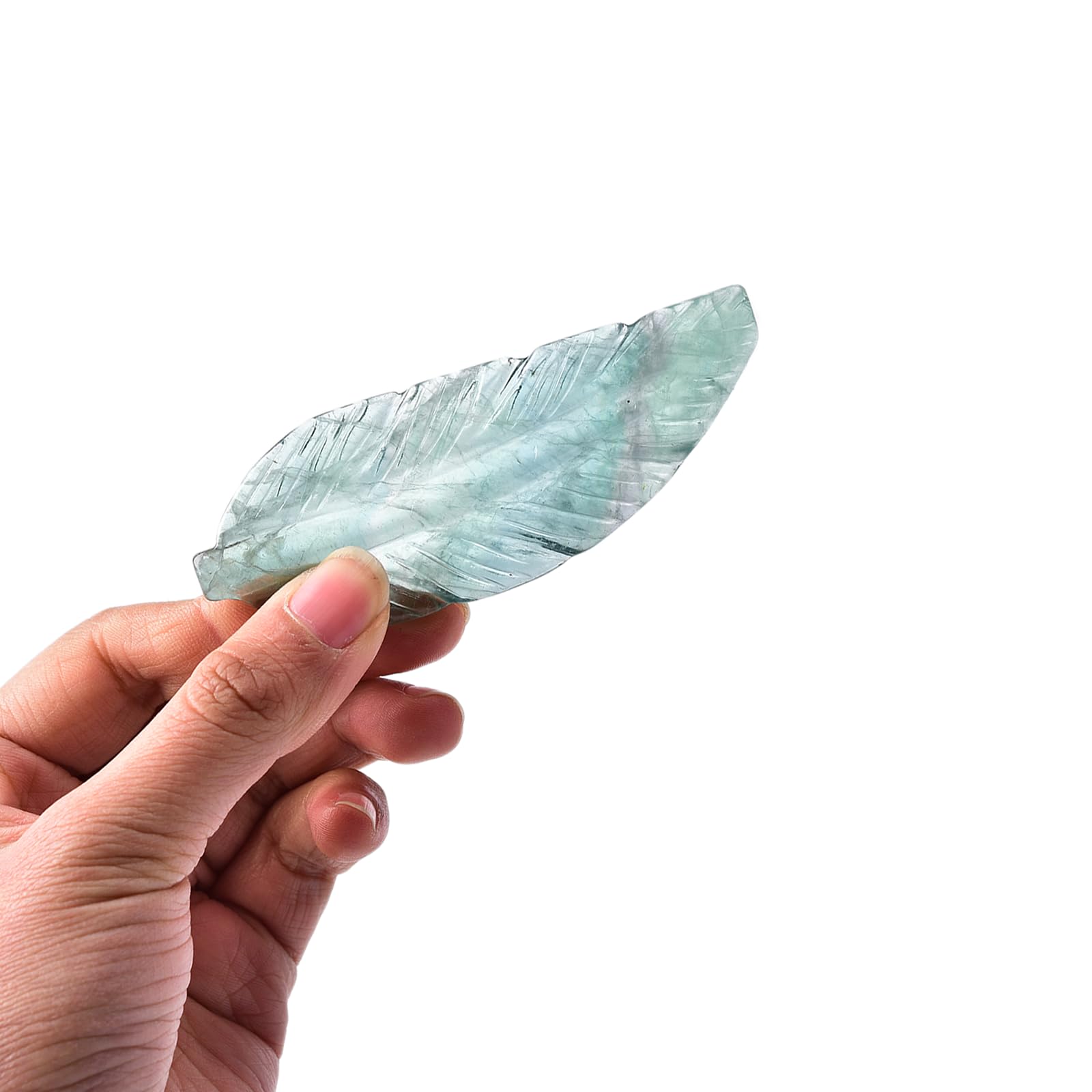 JIC Gem Lot de 2 cristaux de fluorite verts décoratifs sculptés à la main en forme de plume - Pierre précieuse de quartz vert - Décoration d'intérieur - Reiki - Équilibre énergétique