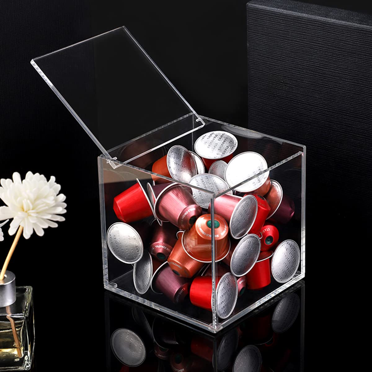 Porta Capsule Caffè,Tianher Dispenser per Capsule in Acrilico Trasparente Scatola Portaoggetti da Scrivania Antipolvere con Coperchio Adatto per Conservare Capsule di Caffè Spugne Trucco Rossetti 13cm