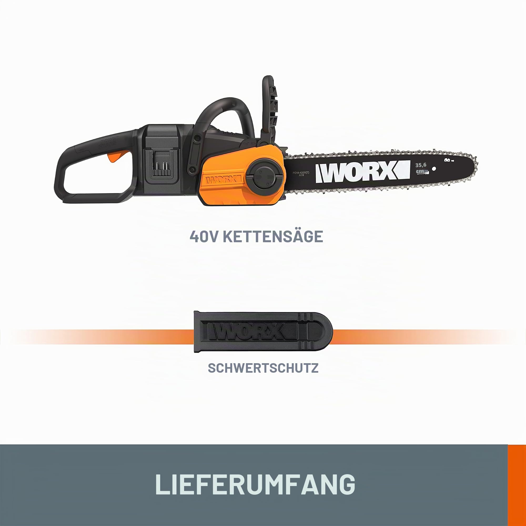 WORX WG384E.9 Akku-Kettensäge 40V Max, ohne Akku & Ladegerät | Profi Motorsäge mit bürstenlosem Motor, Baumpflege ohne Kabel, PowerShare kompatibel, 35 cm Schnittlänge
