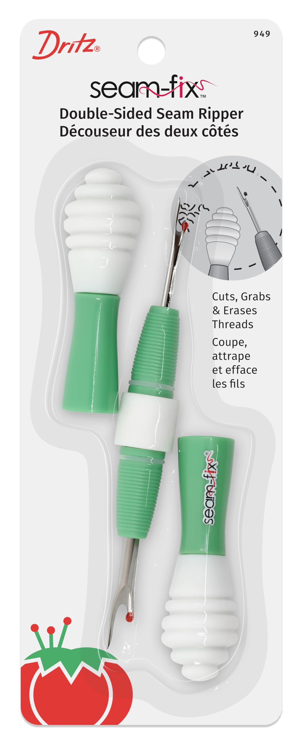 Dritz Seam-Fix Double Sided Seam Ripper - Small & Large Blades for Fine to Heavy Threads, Soft Finger Grips & Rubbery Caps for Removing Thread