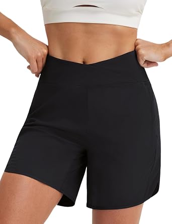 baleaf Womens 7 inch Athletic Shorts Crossover Waist Quick Dry Shorts | Breathable, Lightweight, Moisture Wicking, UPF50+, Zipper Pockets, High Waisted, for Running, Workout, Hiking, Walking