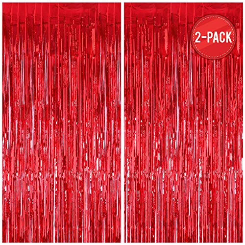 Xtozon 2pcs 3.3ft x 8.3ft Metallic Fringe Curtains Foil Fringe Curtain, Tinsel Curtain Photo Booth Props Backdrops for Birthday Wedding Bridal Baby Shower Celebration Party Decorations (Red)