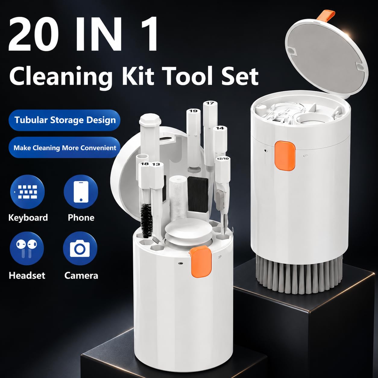 Kit de limpieza electrónica 20 en 1, kit de limpieza profesional de teclado con cepillo retráctil, bolígrafo de limpieza de auriculares y limpiador de pantalla para AirPod, MacBook, iPhone