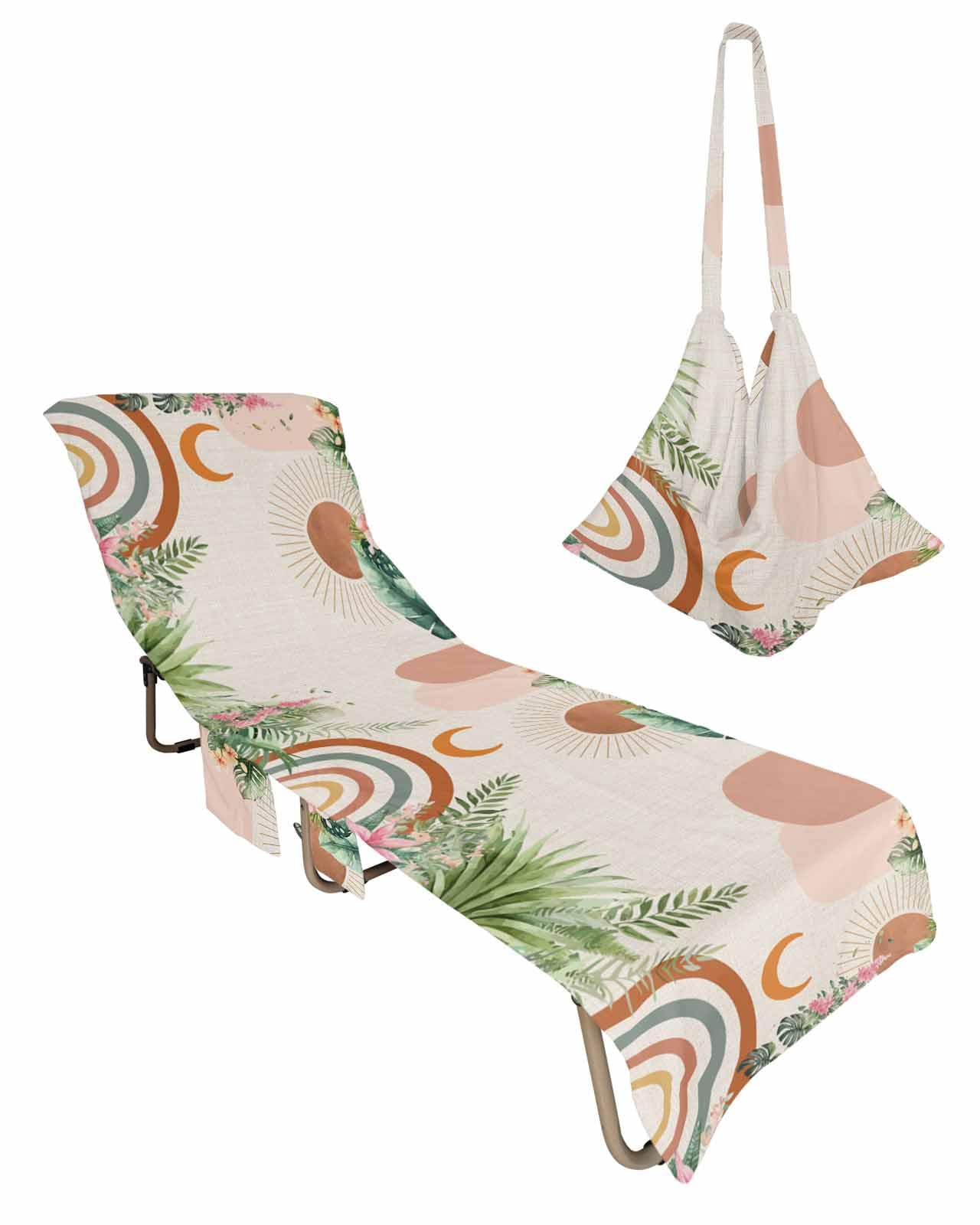 Boho Geometric Beach Lounge Chair Towel Cover, Soft Chaise Lounge Towel with Side Pockets Patio Pool Chairs Cover for Beach/Pool Sunbathing 29x85 Green Botanical Spring Floral Abstract