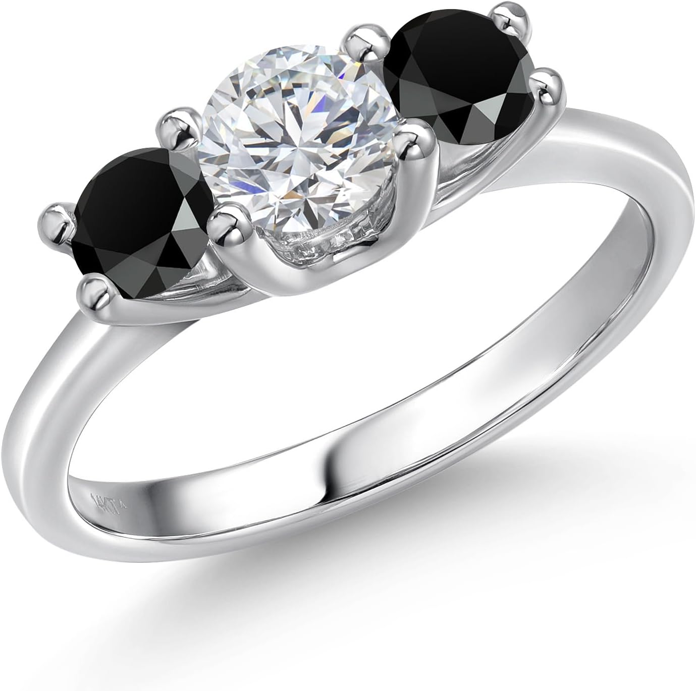 Gem Stone King 14K White Gold White Lab Grown Diamond & Black Onyx 3-Stone Engagement Ring | 0.94 Cttw | Round 5MM and 4MM | 3 Stone Wedding Anniversary Promise Ring For Women