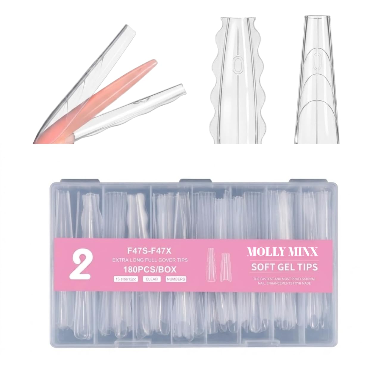 molly minx 180pcs sandwich nail dual forms | soft gel nail tips clear full cover nail extensions kit, long square fake nails for poly gel, acrylic & press on nails | 15 sizes /12pcs dual form for nail art (02-f47s-f47x)