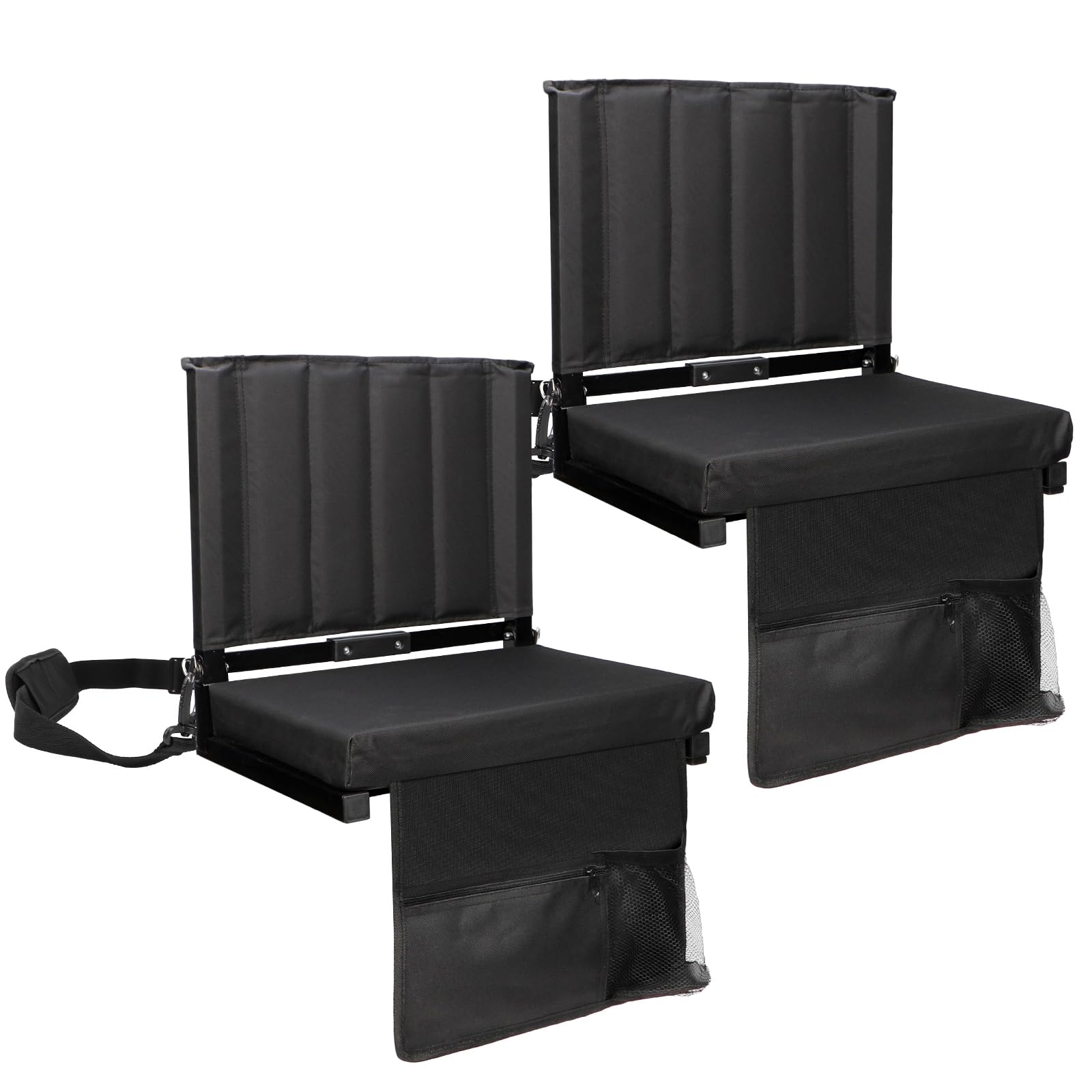 Dynvue 17in Wide Stadium Seats with Back Support, 2 Pack Bleacher Seats with Backs and Cushion Wide, Folding Stadium Seat with Strap, Bleacher Seat with Backrest for Sport Event, Camping, Beach, Black