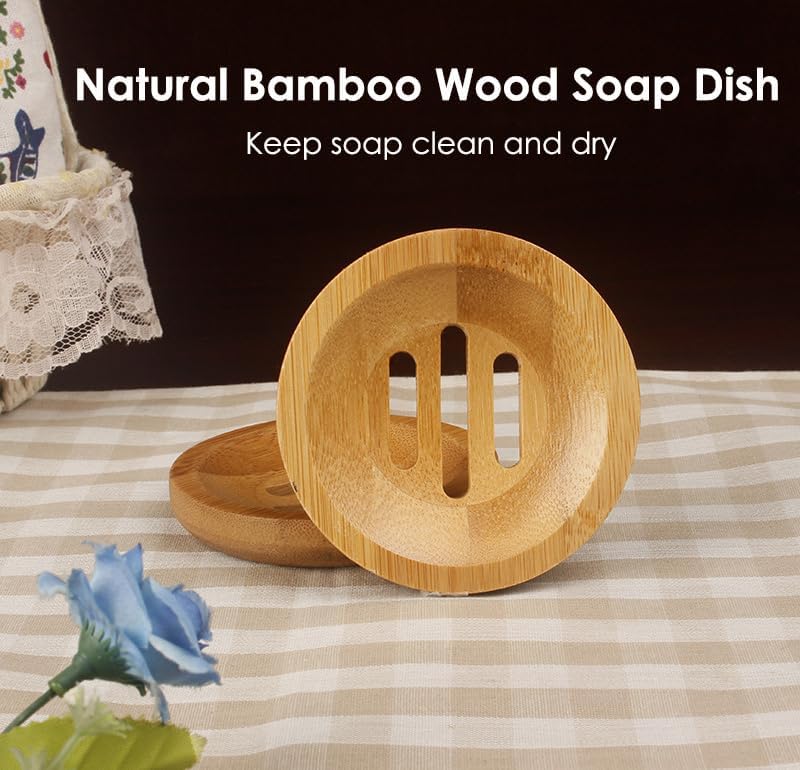 Miniatura 2 de AKOAK Jabonera de madera de bambú natural de forma redonda para ducha, mostrador, fregadero, baño, 1 unidad