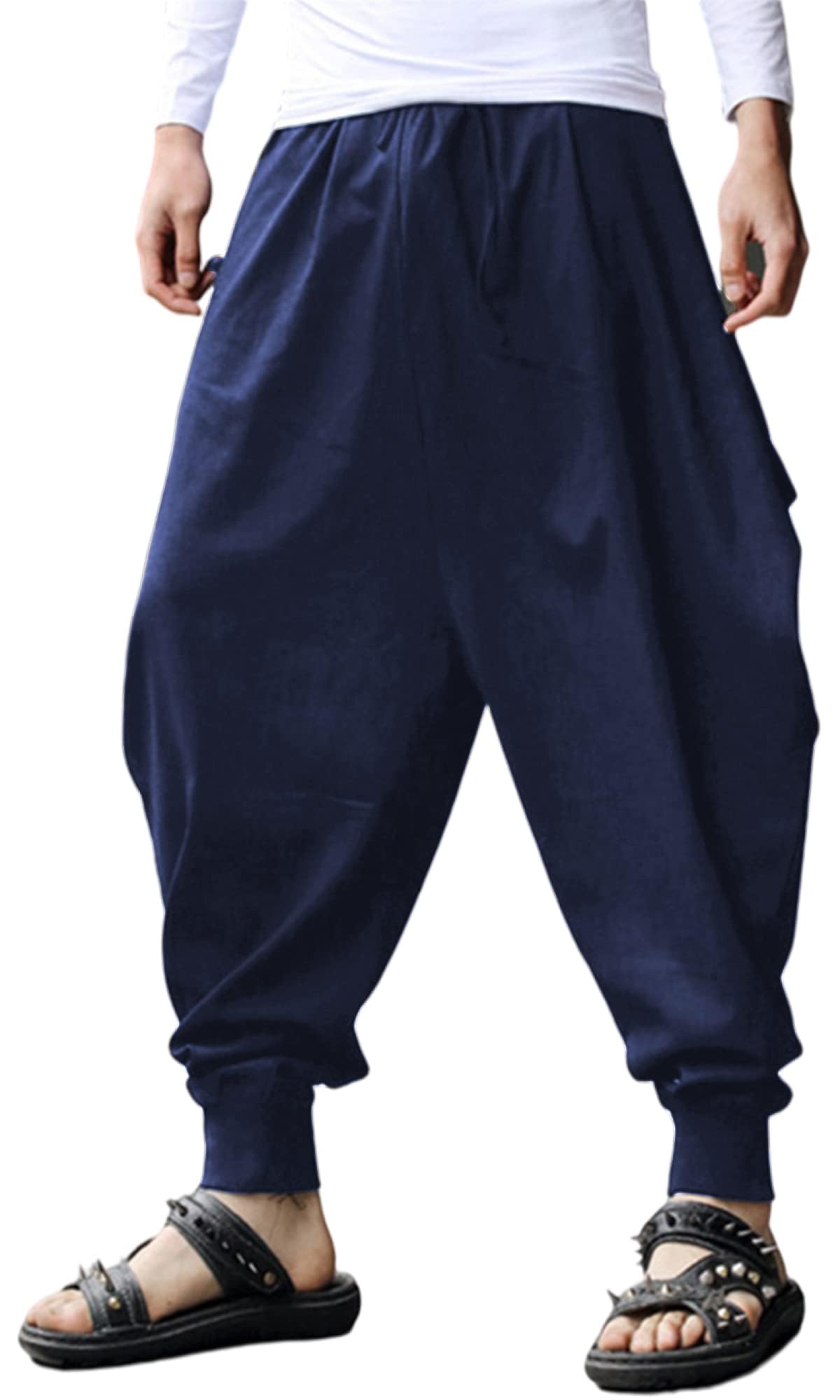 PACEIADTA Mens Casual Harem Pants Baggy Aladdin Hippie Elastic Waist Drop Crotch Trousers