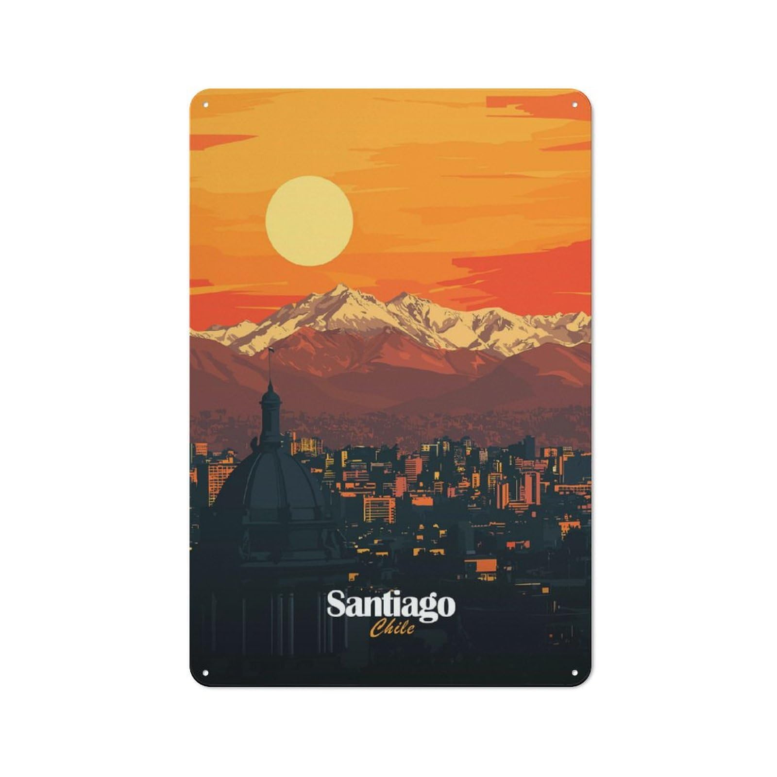 Industrial Metal Sign with Santiago, Chile Sunset Design 30x20cm, Modern Retro Loft Wall Plaque for Workspace, Cafe, Hallway Or Garage