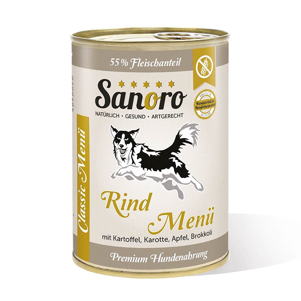 Sanoro Menü Classic Rind mit 55% Fleischanteil - Premium Hundefutter in Teil-Bio-Qualität - Rind mit Bio-Kartoffel, Bio-Karotte, Bio-Apfel und Bio-Brokkoli, singleprotein (12 x 400 g)