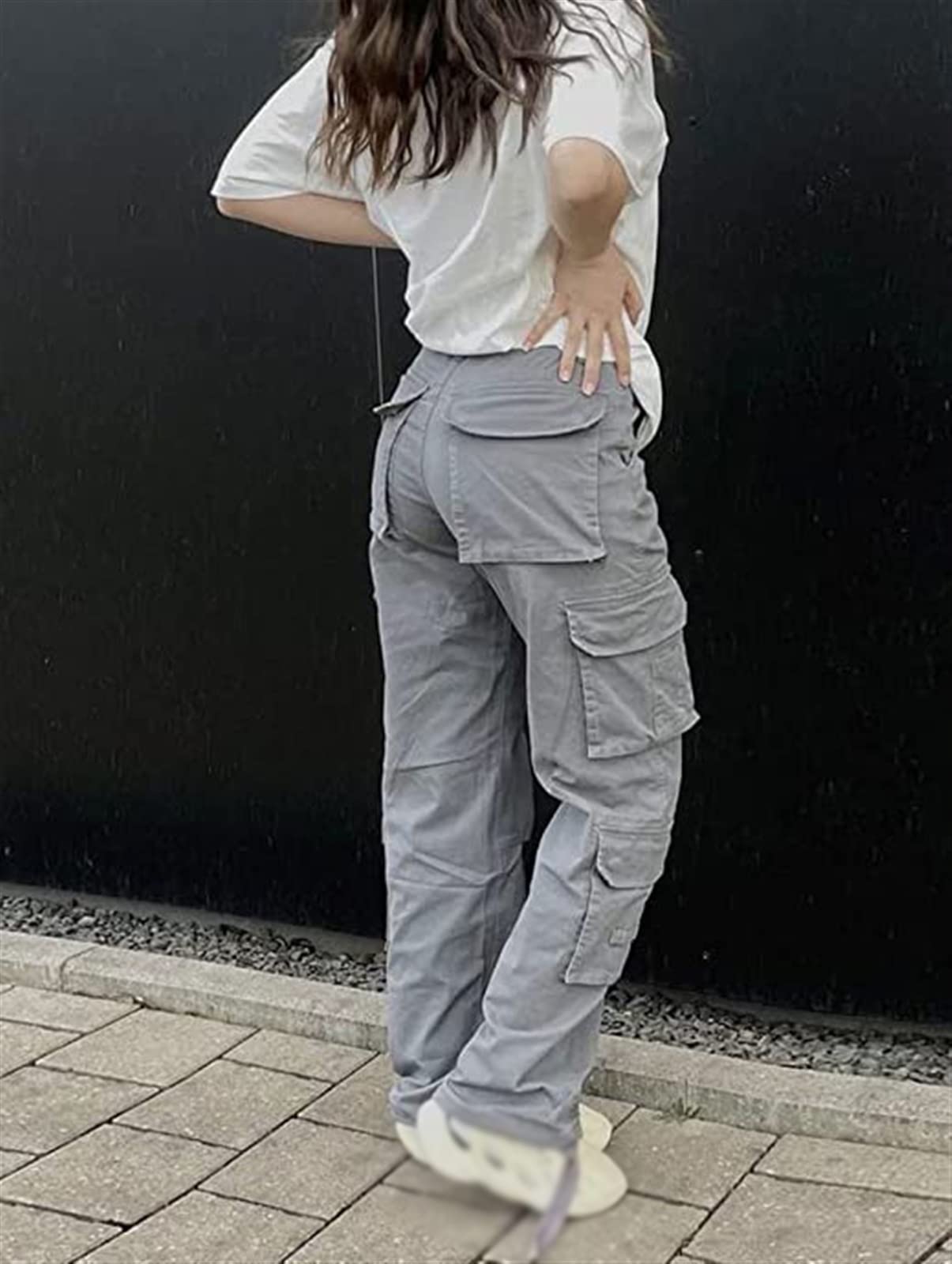 Damen Mädchen Cargohose Y2K Baggy Hohe Taille Cargo Hose Gerade Weites Bein Baggy Jeans Y2K Gothic Denim Hose Streetwear mit Taschen