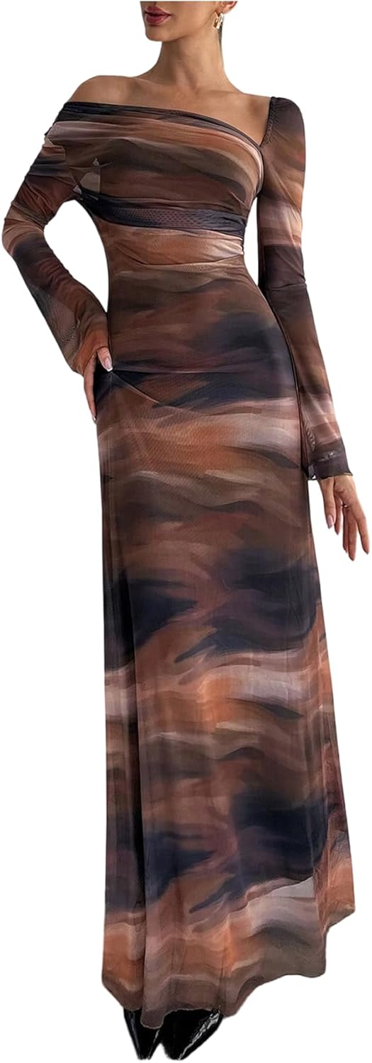 SOLY HUX Women's Tie Dye Mesh Maxi Dress Asymmetrical Neck Long Sleeve Ruched Bodycon Cocktail Party Long Dresses