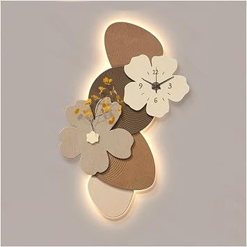 Clock for Wall Art Large Flowers Wall Light Decor with Clock and Remote Control, 3D Wall Clocks Hanging Art Sculpture Sandstone Painting for Kitchen/Bedroom/Entryway/Office Decor Art Wall ClocksBrown