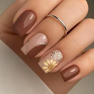 24Pcs Fall Press on Nails Short Square Fake Nails with Design Yellow Daisy Glue on Nails Brown False Nail Striped Glitter Acrylic Nail