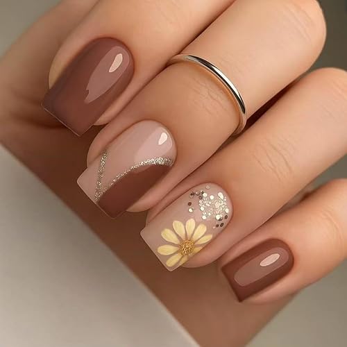 24Pcs Fall Press on Nails Short Square Fake Nails with Design Yellow Daisy Glue on Nails Brown False Nail Striped Glitter Acrylic Nail