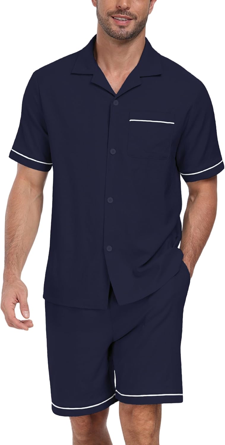 PrinStory Men's Pajamas Set Short Sleeve Sleepwear Pjs Lightweight Two-Pieces Pajama Comfy Loungewear with Pockets S-2XL