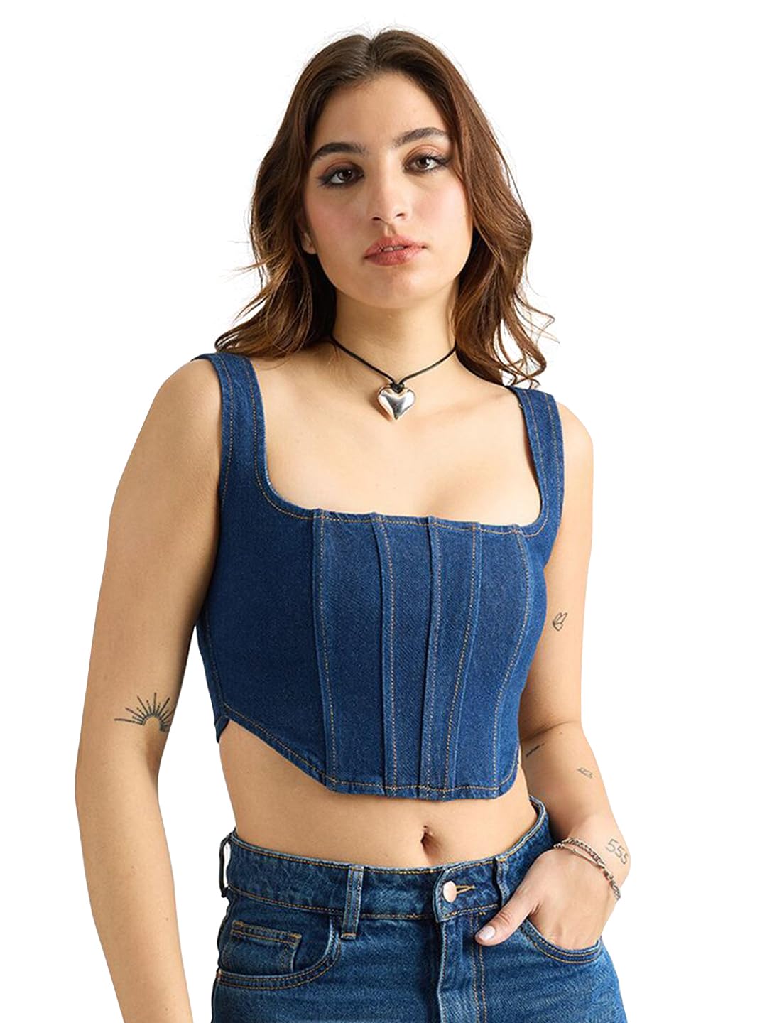 shasmi Girl's and Women's Blue Denim Crop Top, Square Neck, Sleeveless Corset Style Women Western Cotton Denim Bustier Vest Crop Top | Bralette Blouse | Sleeveless (Denim Top 158)-picture-33