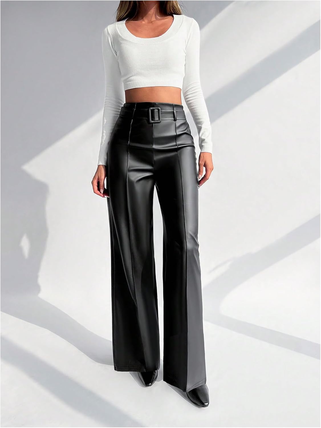 Floerns Women's PU Leather Straight Leg Pants High Waisted Belt Casual Trousers - Image 6