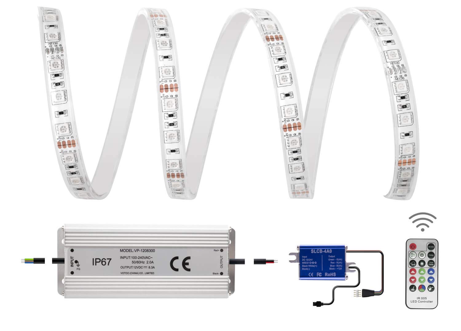 Outdoor Set: 5,0 metros Tira LED RGB (5 m, 60 LED/M, IP68, resistente al agua, incluye controlador) 17 teclas Fb, 8,33 A Fuente de alimentación