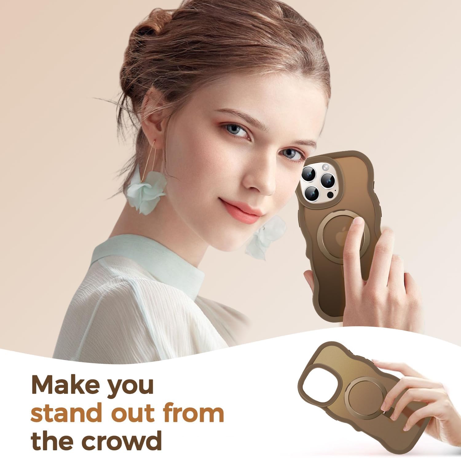 [Cute Wave Frame+Mag Stand] Designed for iPhone 16 Pro Max Case, [Fit for MagSafe] Translucent Silicone Protective Magnetic Ring Phone Cover for iPhone 16 Promax 6.9 inch Men Women, Desert Titanium - Image 9