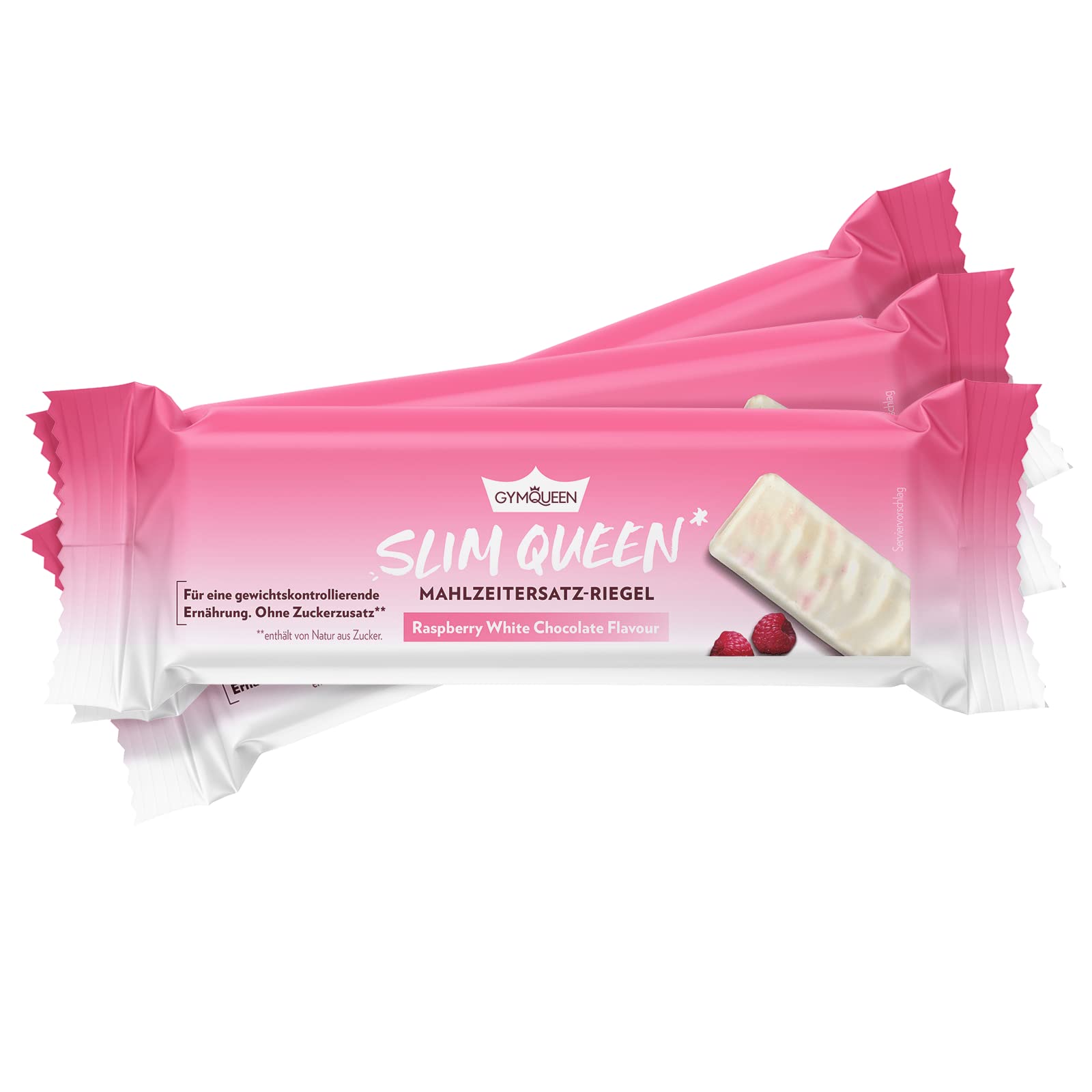 GymQueen Slim Queen Bar 12x60g, barretta sostitutiva del pasto, solo 200 kcal per porzione, con vitamine e nutrienti essenziali e ben 15g di proteine per barretta, Cioccolato bianco al Lampone