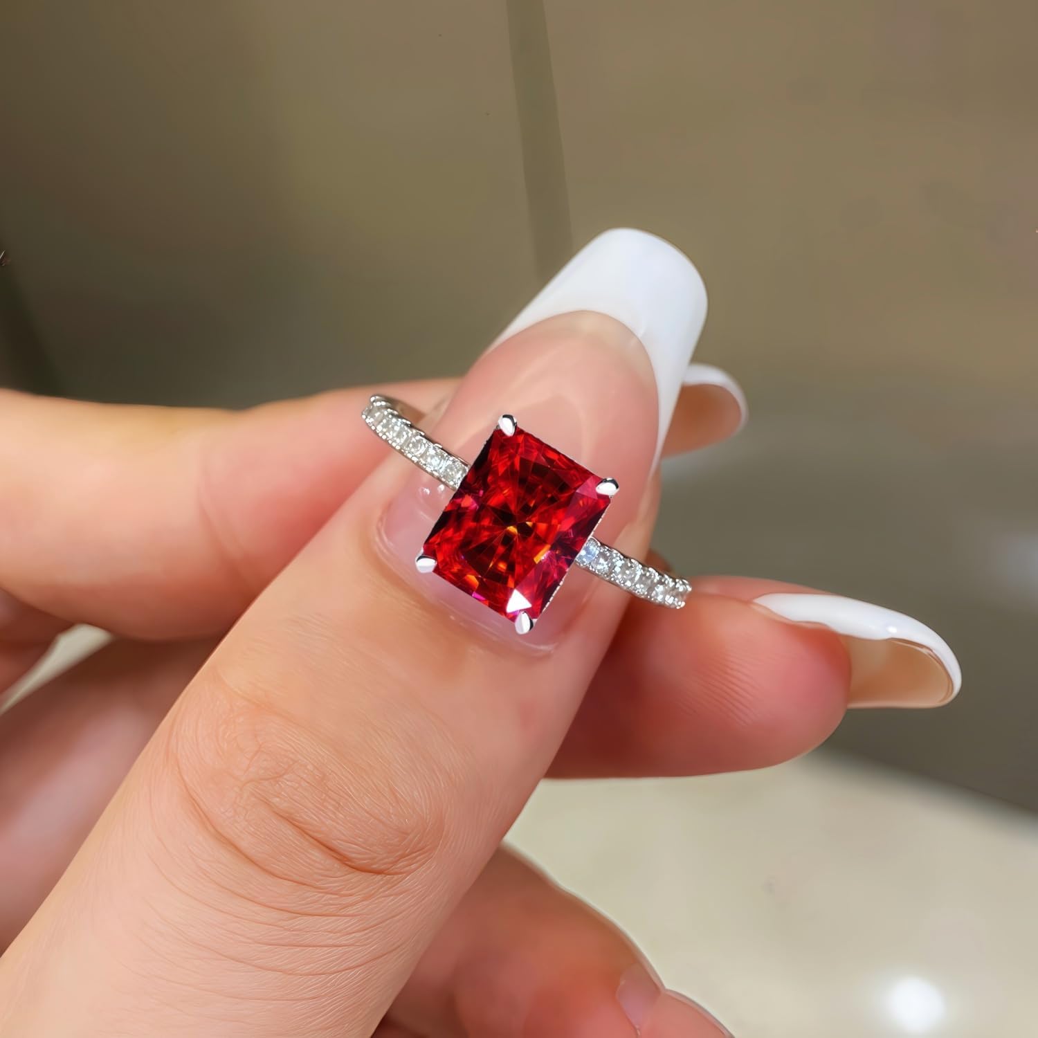 Multicolor 4CT Radiant Cut Moissanite Hypoallergenic Engagement Wedding Eternity Ring for Women Promise Anniversary Birthday Band Jewelry Gift 18K Golden Plated 925 Sterling Silver