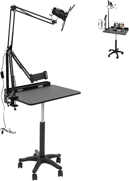 Workstation with LED Tattoo Light, Magnetic Tattoo Tray on Wheels,Salon Tray,Phone/Tablet Dual Stands,Tattoo Rolling Trolley 5 Locking Wheels, 110 lbs Capacity for Artist Studio, Black