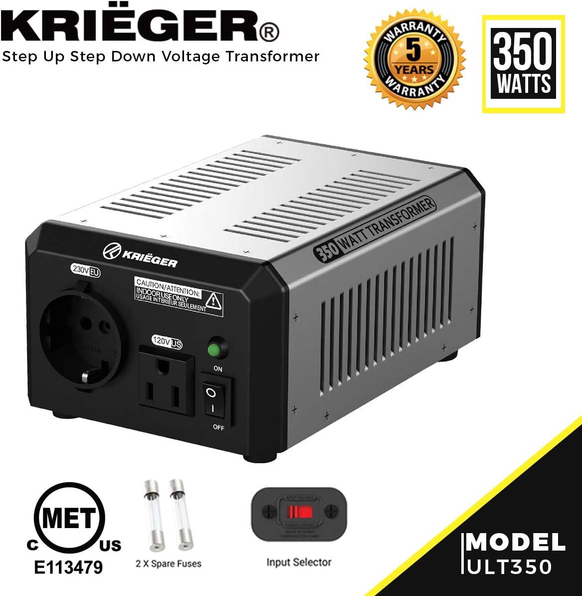 Best Deal Product Krieger 350 Watt Voltage Transformer, 110/120V to 220/240V Step Up Step Down Voltage Converter, MET Approved Under UL, CSA
