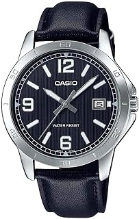 MTP-V004L-1B Men's Stainless Steel Black Leather Band Black Dial Date Watch