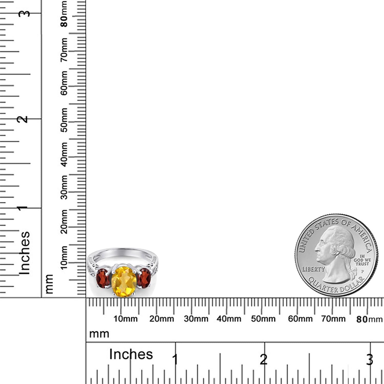 Gem Stone King 2.25 Cttw Oval Yellow Citrine and Red Garnet 3-Stone Ring For Women | 925 Sterling Silver | Gemstone Birthstone | 3 Stone Wedding Engagement Anniversary Promise Ring For Women