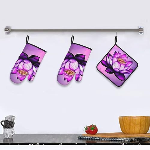 Miniatura 6 de Purple Lotus Oven Mitts and Pot Holders Set 3 PcsïNon-Slip Cooking Gloves for Cooking Baking Grilling