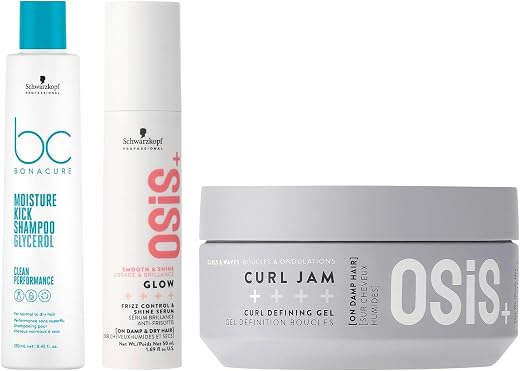 Schwarzkopf Professional Bonacure Moisture Kick Shampoo, Osis Glow Serum & Curl Jam, 250 millilitres