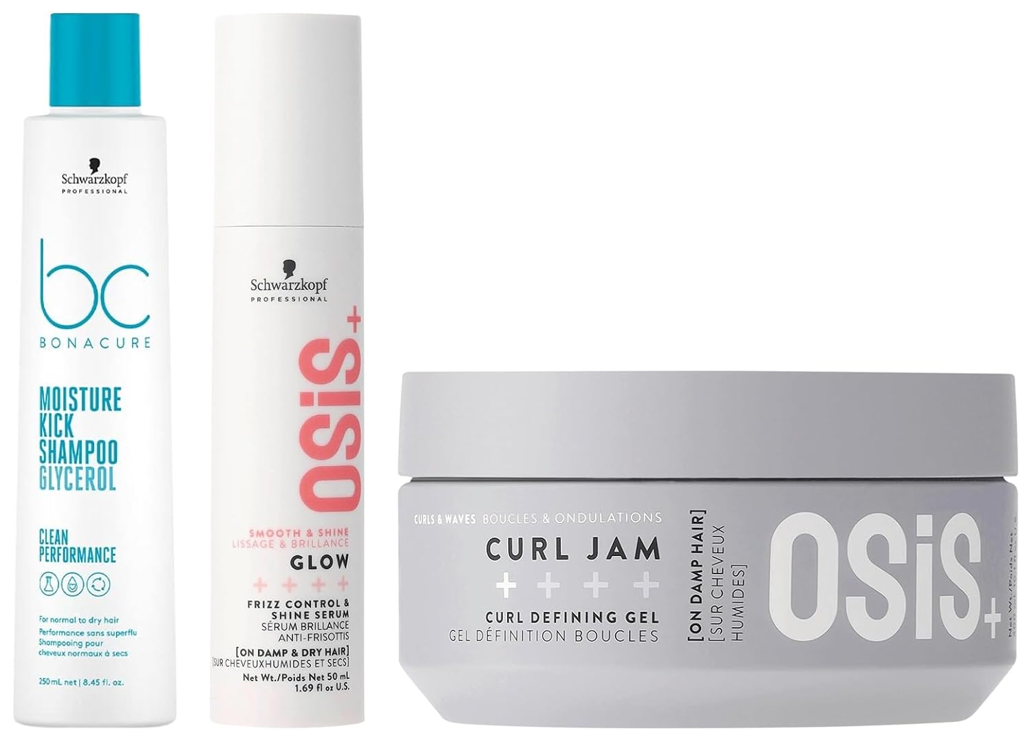 Schwarzkopf Professional Bonacure Moisture Kick Shampoo, Osis Glow Serum & Curl Jam, 250 millilitres