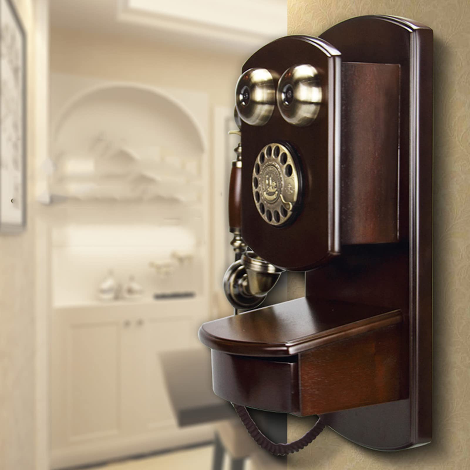 Telefono con Filo retrò Montato A Parete per La Casa, Telefono Fisso retrò in Legno, Telefono con Manopola Rotante Classico Vecchio Stile con Funzione Vivavoce E Ricomposizione