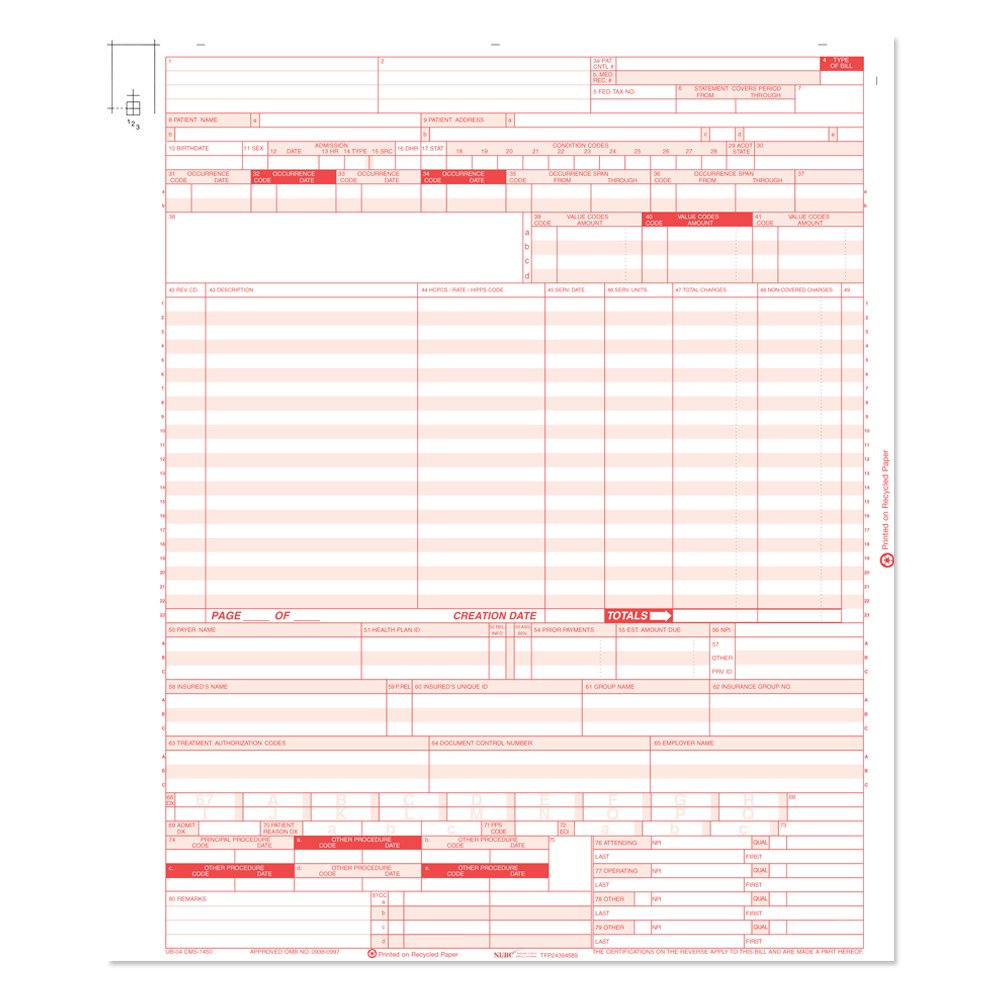 IF040 Model 1450 UB04 Claim Form, Laser Cut, White/Red, Pack of 2500