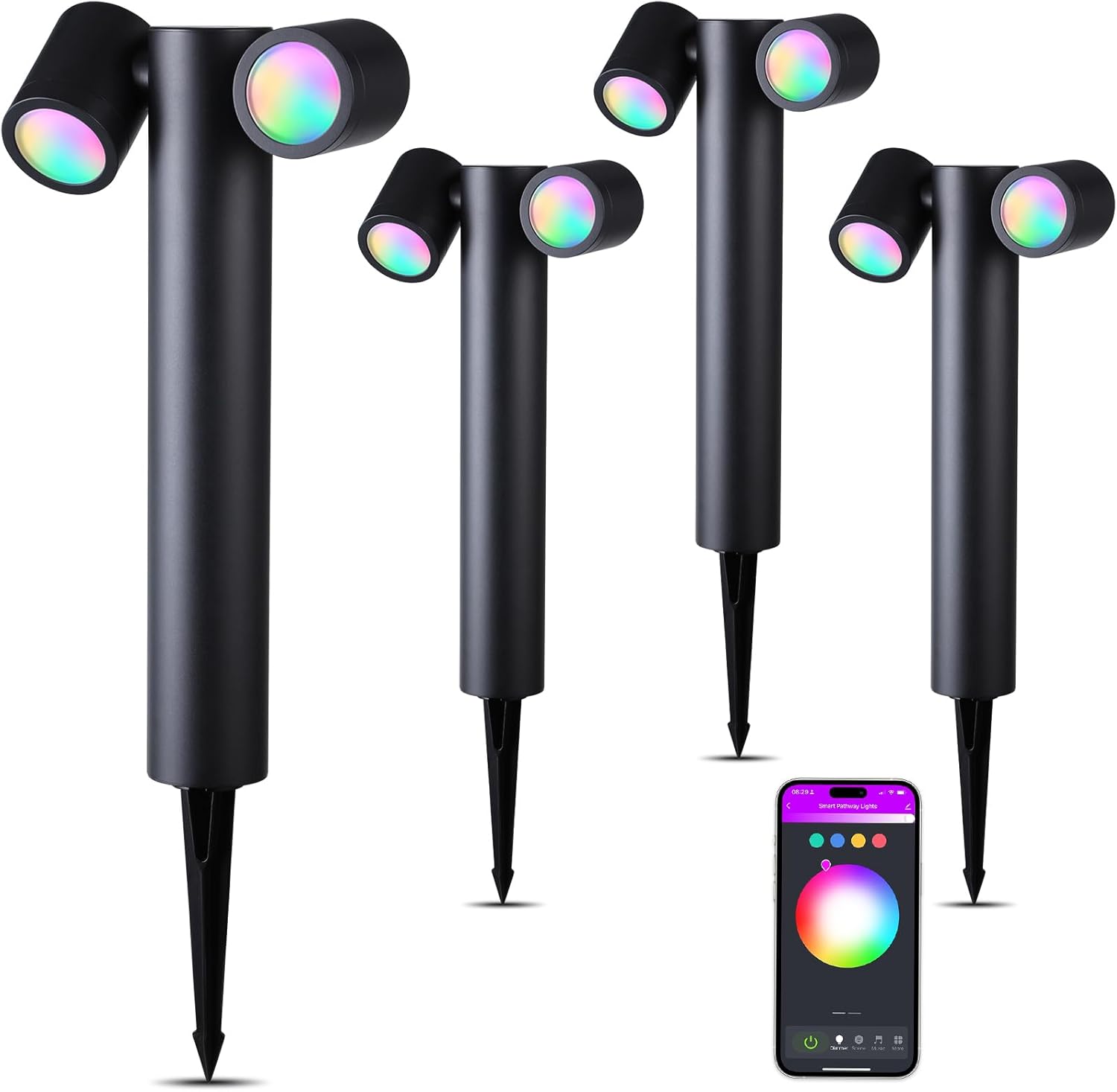 LEONLITE Smart RGB Low Voltage Pathway Lights, Summer Nights Ambiance Decoration, 12V-24V AC/DC 800LM, WiFi & Bluetooth Connection, Aluminum Adjustable Dual-Head LED Landscape Spot Lights, Pack of 4 LEONLITE Smart RGB Low Voltage Pathway Lights, Summer Nights Ambiance Decoration, 12V-24V AC/DC 800LM, WiFi & Bluetooth Connection, Aluminum Adjustable Dual-Head LED Landscape Spot Lights, Pack of 4