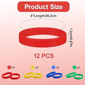 12PCS Silicone Wristbands, Blank Wrist Bands Universal Wristband Set in Red, Green,Yellow & Blue, for Women Men Adult Sport 4 Colors Mixed