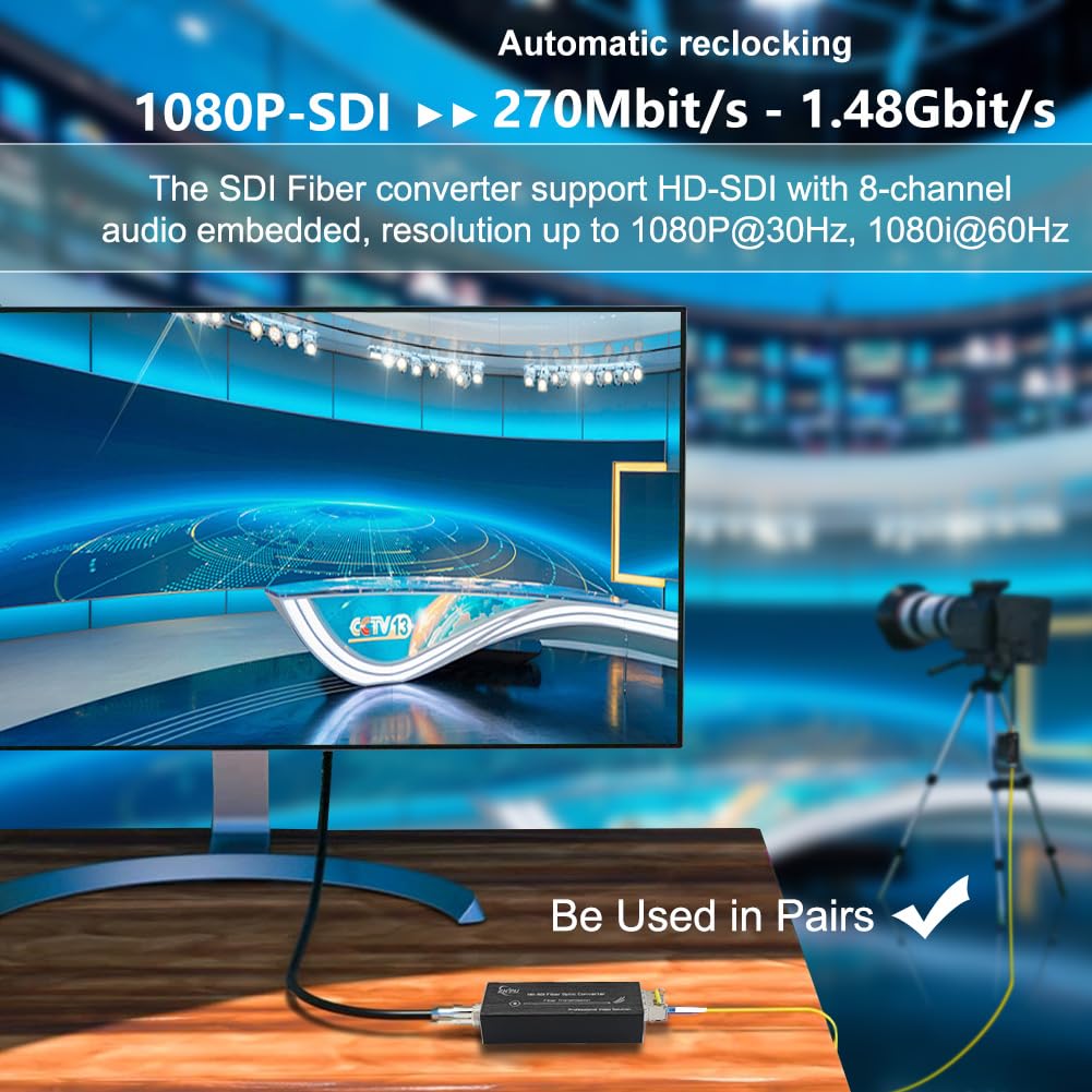 HD-SDI Glasfaser 1080P 30Hz 12,4 km Video-Konverter | Unkomprimiert für Überwachungskamera, CCTV-Video, unterstützt 1080P Single-Mode bis zu 12,4 mi, Mini-Design mit Typ-C-Power