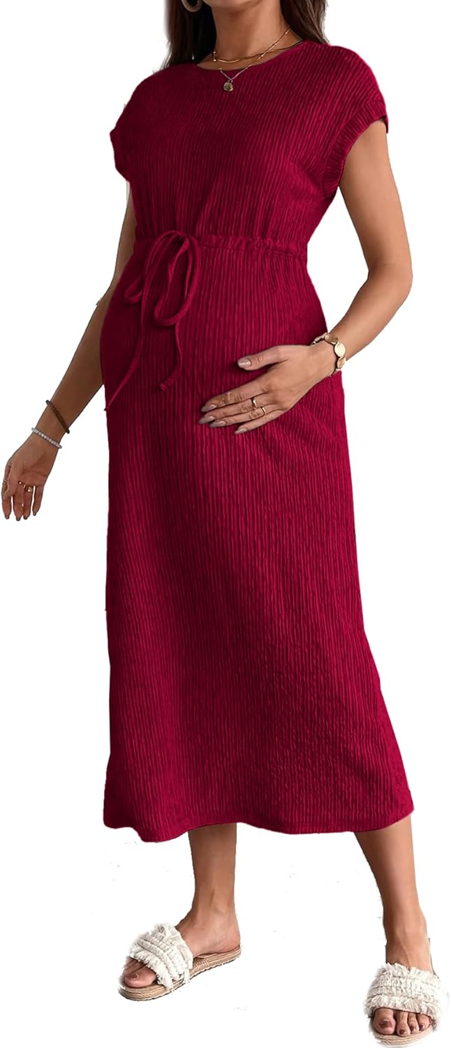 OYOANGLE Women's Maternity Summer Casal Short Sleeve Midi Dress Drawstring Waist Textured Pregnancy T Shirt Dress