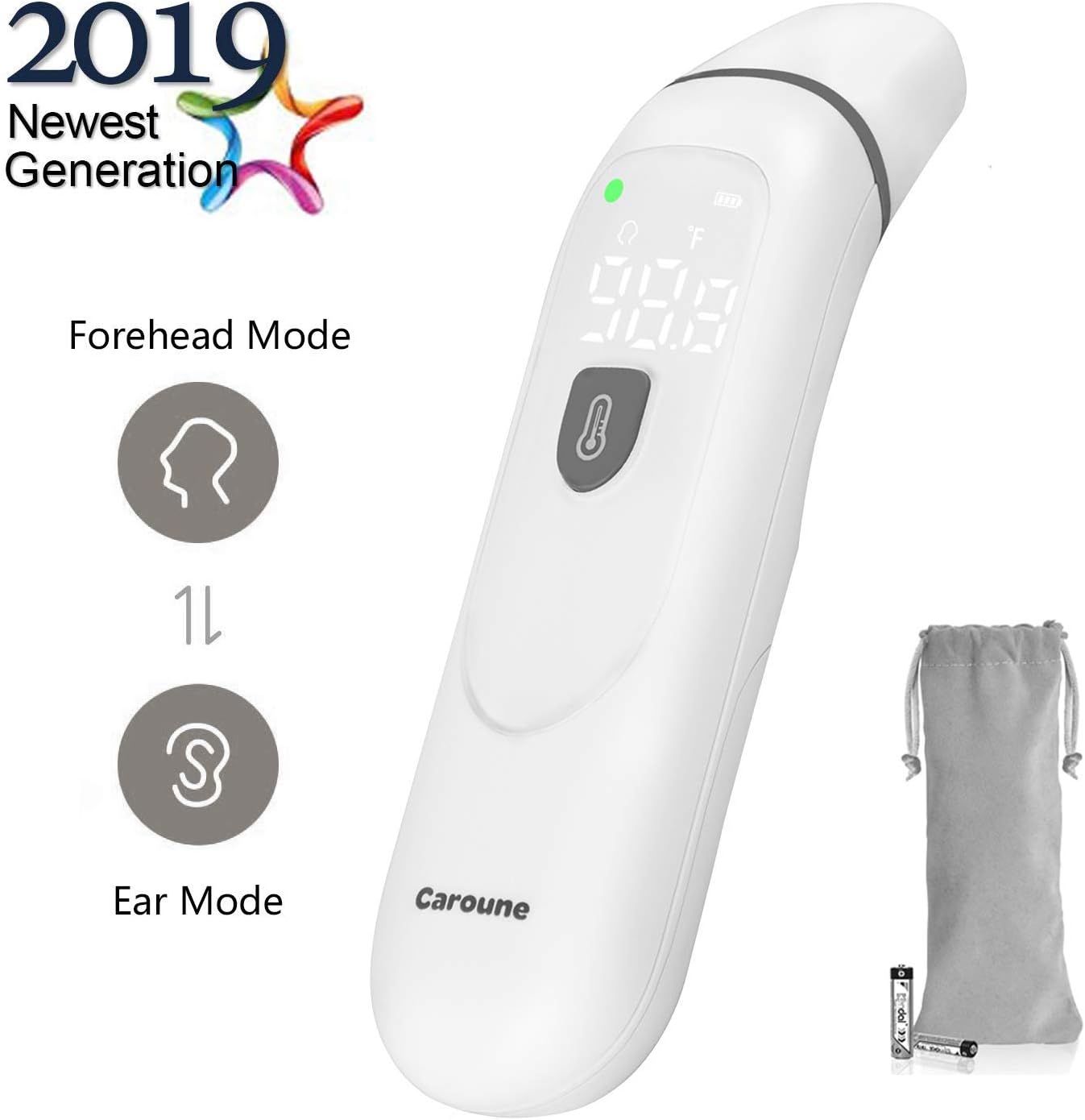 Caroune Thermometers for Kids Baby and Adult, Ear and Forehead Thermometer for Fever, Digital Medical Infrared Thermometer with Fever Alarm Accurate and Take in 1 Sec with 2 x AAA Batteries, White