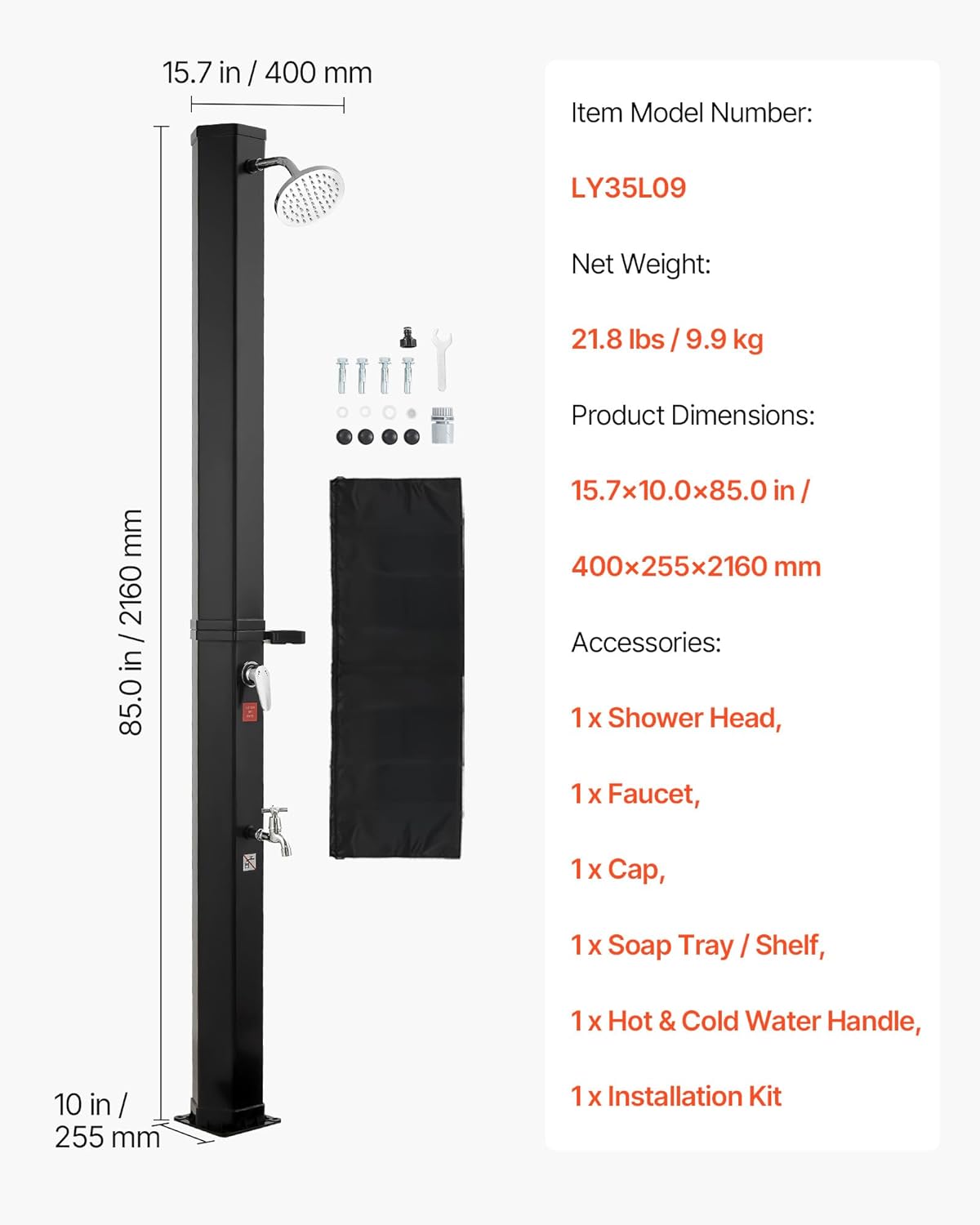 VEVOR 9.2 Gal Solar Heated Shower, 6.4ft Showerhead Height Outdoor Shower, with Foot Faucet & Soap Box Rack, Hot & Cold Water Adjustment, Freestanding for Backyard Poolside Beach Pool,Black