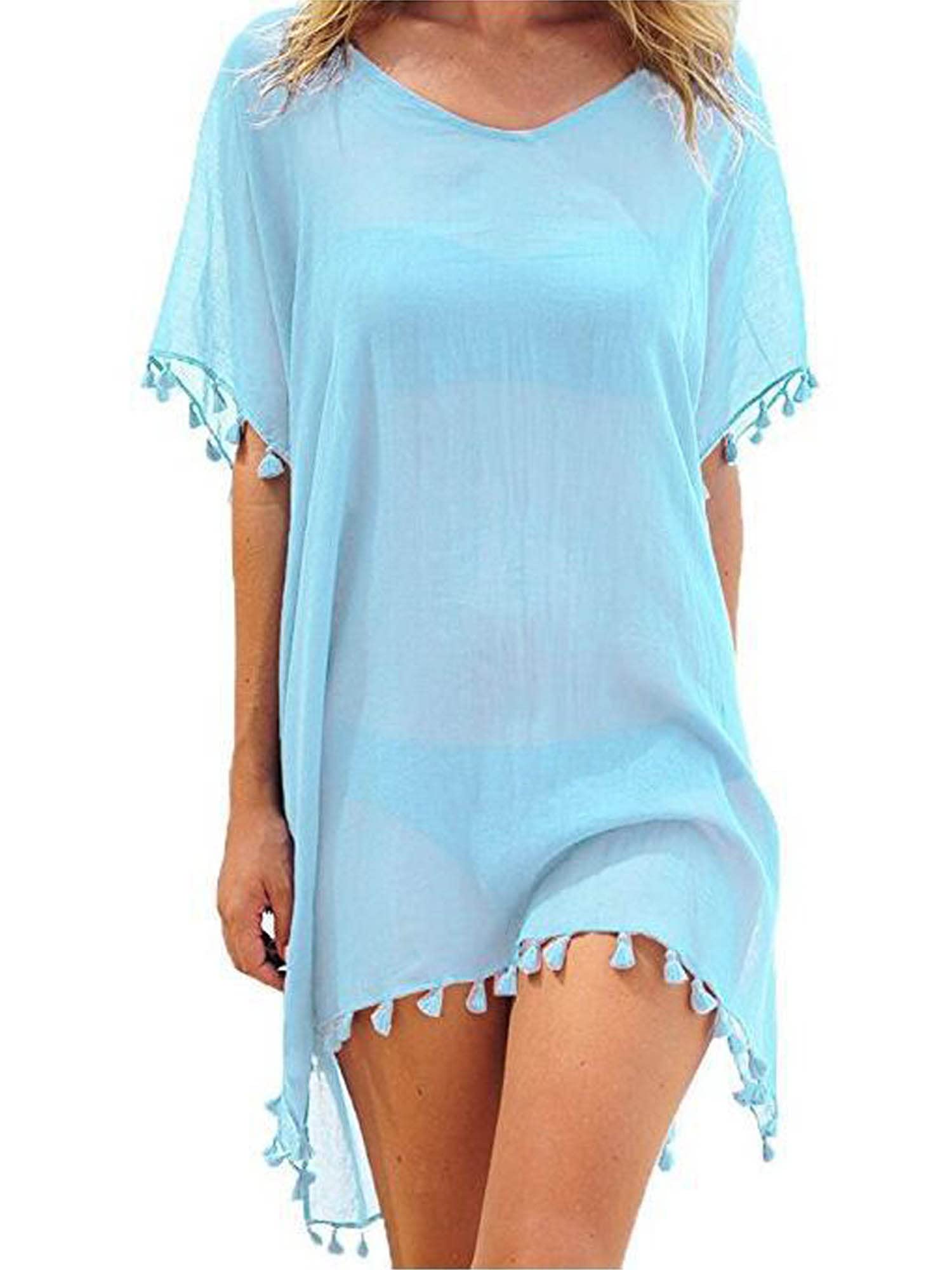 ScriardvWomens Tassel Chiffon Beach Cover Up Dress Solid Bikini Swim Bathing Suit Beachwear
