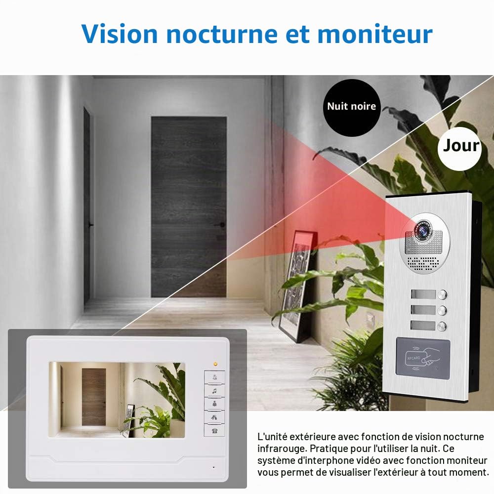 KDL Accueil Interphone Vidéo RFID de 7 Pouces Système de Porte Téléphonique 3 Moniteurs avec 1 Caméra avec Vision Nocturne Infrarouge pour Multi Appartements/Bâtiment Bas avec Porte-clés 125KHz