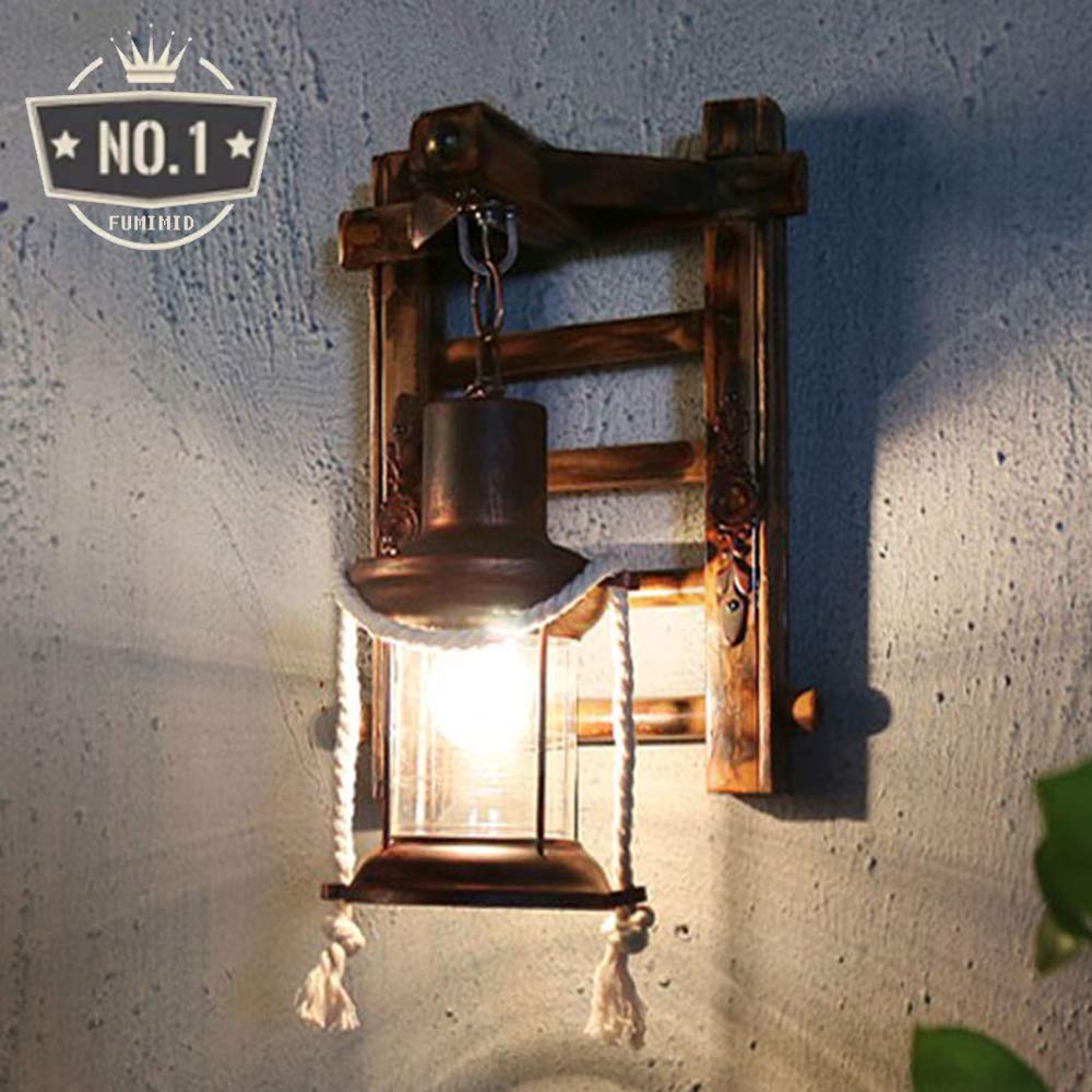 Massivholz Retro Lichter Rustikale Wandleuchte Wohnzimmer Wandlampe Schlafzimmer Wand Kreativ Gang Korridor Bar Cafe Laterne Vintage Glas Holz Treppe Design Wandleuchten Keine Lichtquelle
